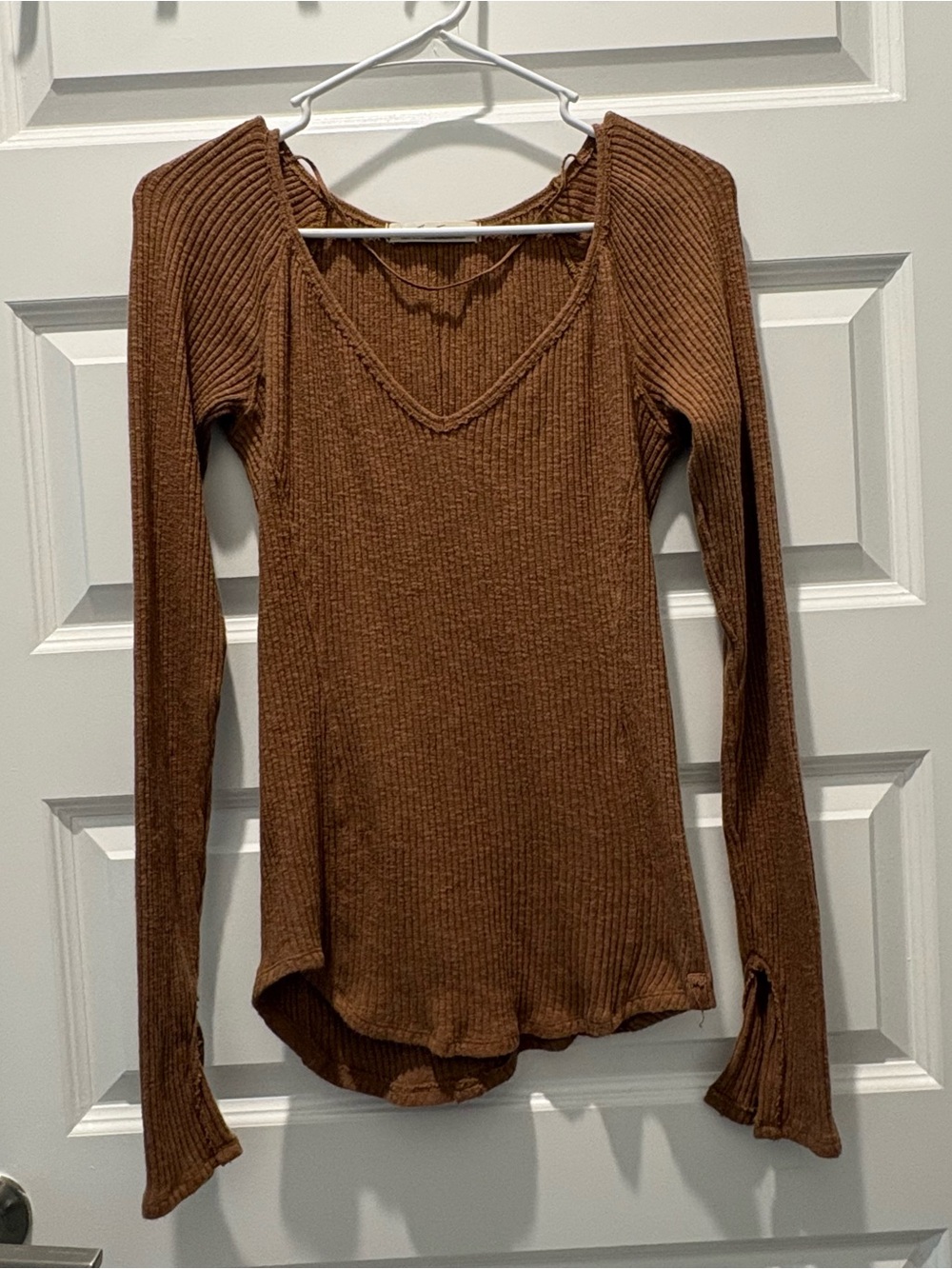 We The Free Brown Ribbed V-Neck Long Sleeve Top